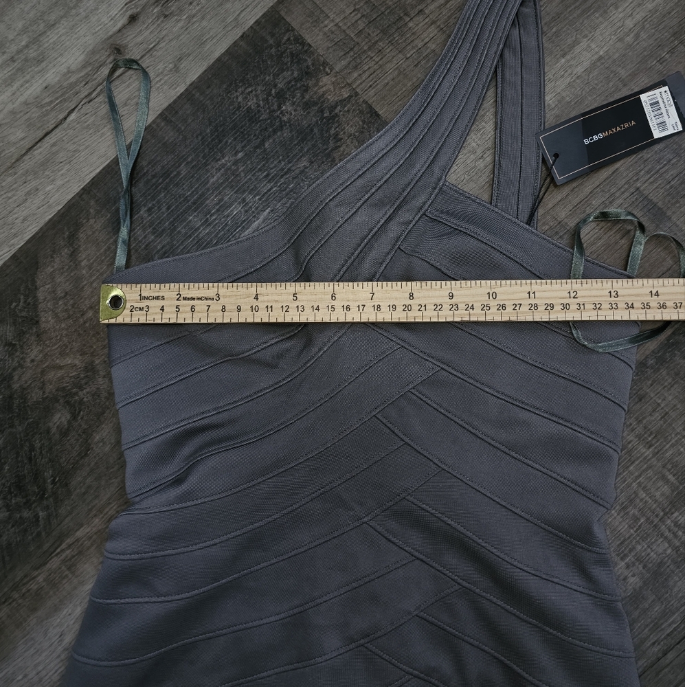 BCBGMaxAzria One-Shoulder Charcoal/Olive Dress, XS, NWT - Picture 7 of 12